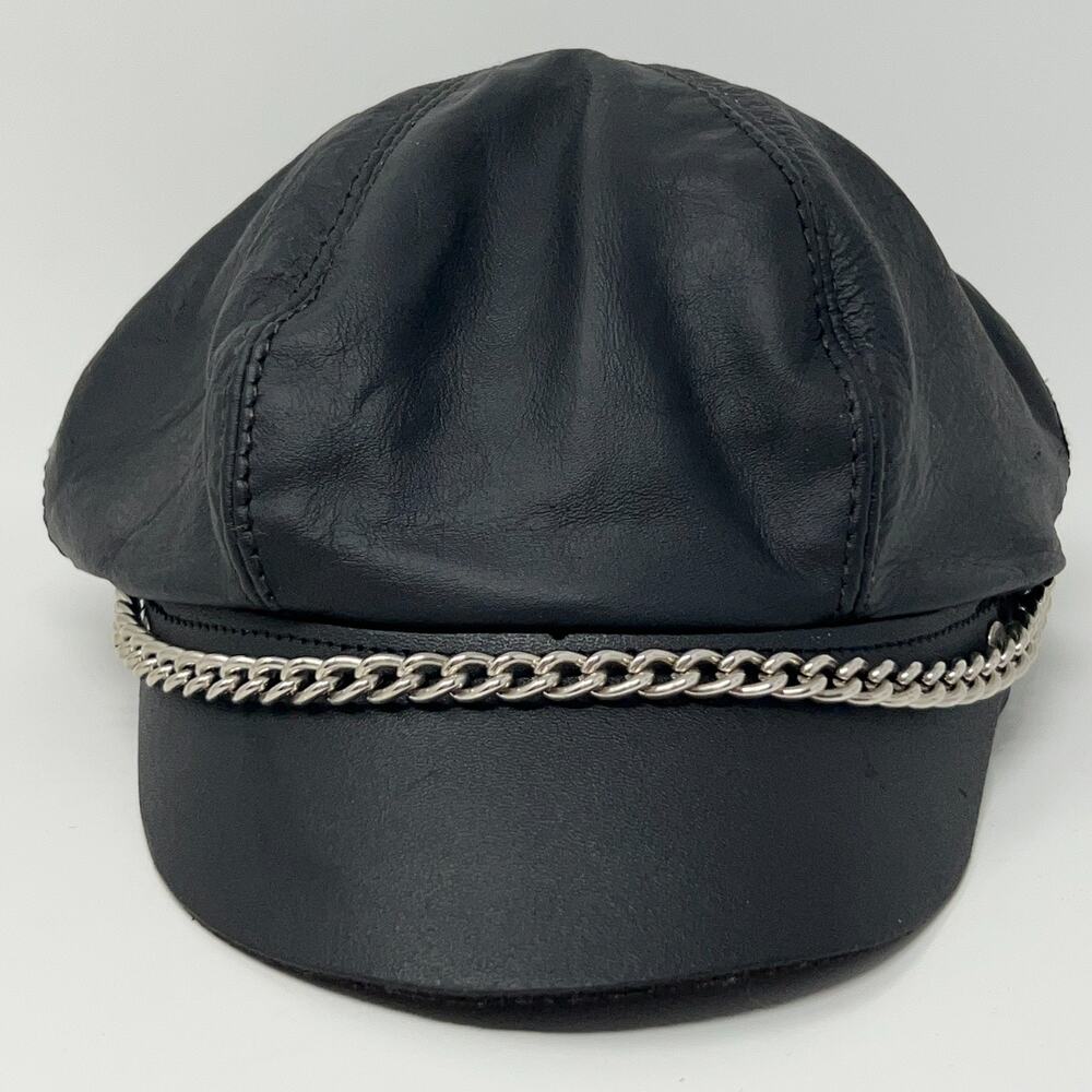 Vintage 90s Leather Captain Biker Hat Cap Black Chain Made in USA Strapback